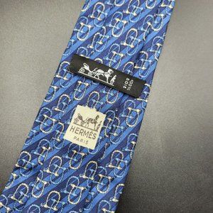 Vintage Hermes Paris Made In France Blue Geometric Pattern Silk Tie 910 SA